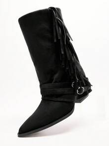 Solezae Women's Glamorous Sexy Pointy Toe Faux Suede Chunky Heel Mid-Calf Slouchy Boots - Black - View 7