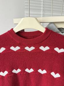 Suéter de malha com gola redonda e manga comprida com estampa de coração para meninas pré-adolescentes, suéter vermelho com coração, suéter fofo com coração para adolescentes, suéter vermelho com coração para meninas - Vermelho - Ver 5