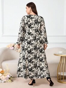 Modelyn 加大码优雅花卉印花中长连衣裙，适合通勤 - 杏色 - 查看 2