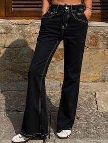 DAZY Quần jeans ống loe cạp cao dày dành cho nữ, quần jeans ống loe cạp trễ mới về mùa đông giúp thon gọn - màu đen - Xem 5