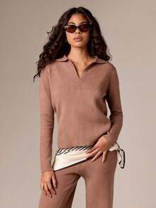 AiiRZ Retro Collared V-Neck Knit Pullover Long Sleeve Sweater Fall Winter Casual Basic Essential Minimalist Fashion Classic Preppy Style - Coffee Brown - View 1