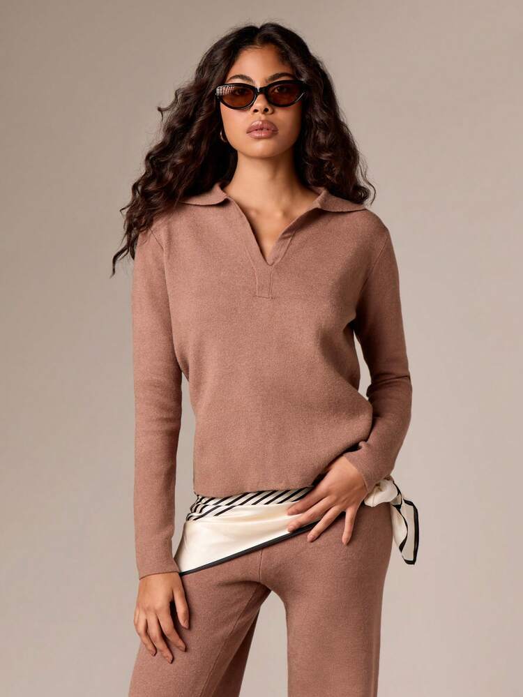 칼라 V넥 긴팔 니트 풀오버