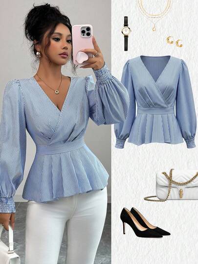 Elenzga Women's Striped Overlap V-Neck Lantern Sleeve Ruffle Hem Fashionable Blouse