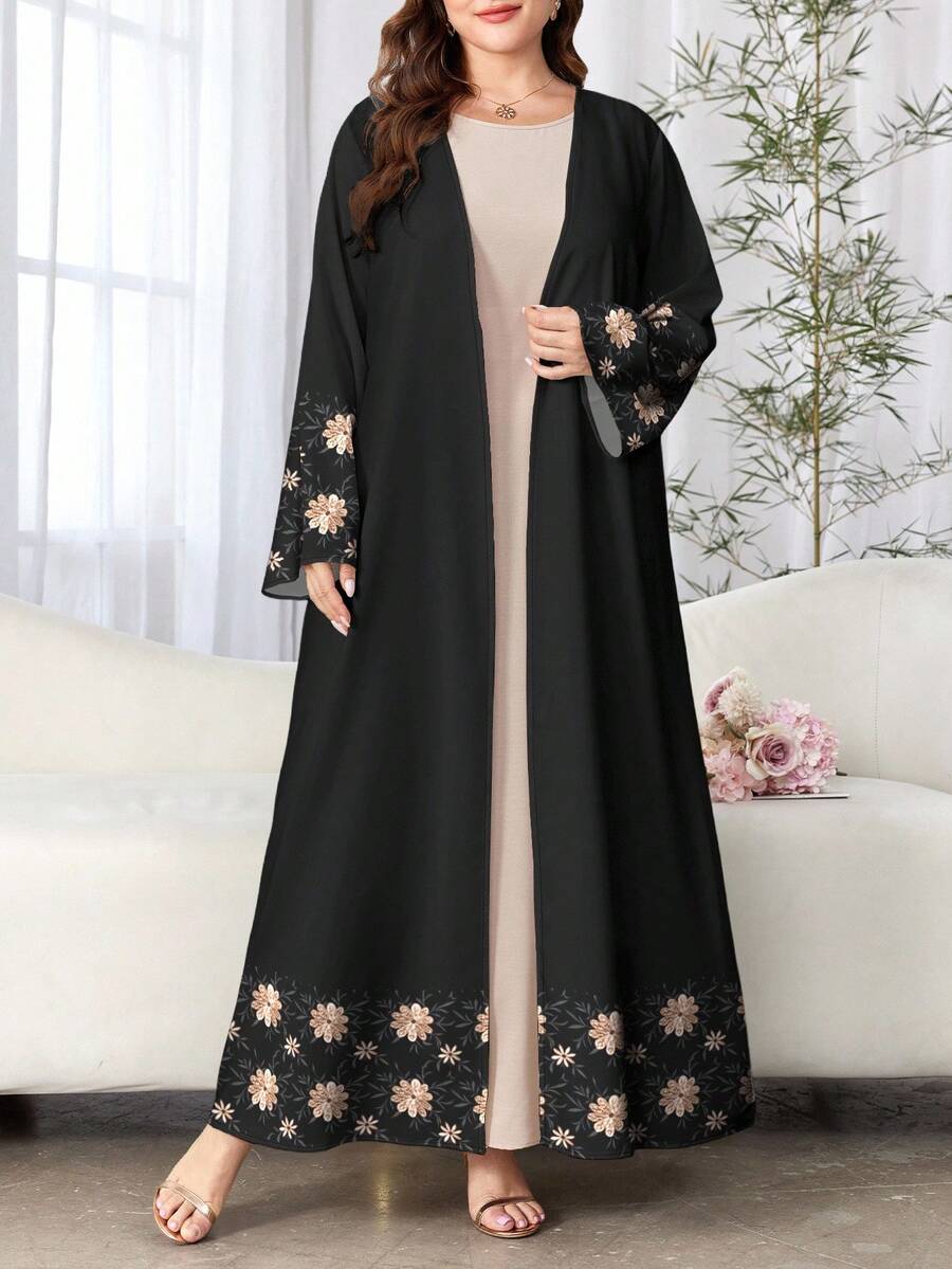 SHEIN Najma Plus Size Women's Floral & Plant Pattern Print Long Sleeve Casual Arabic Abaya, Suitable For Spring And Autumn - Multicolor - View 1