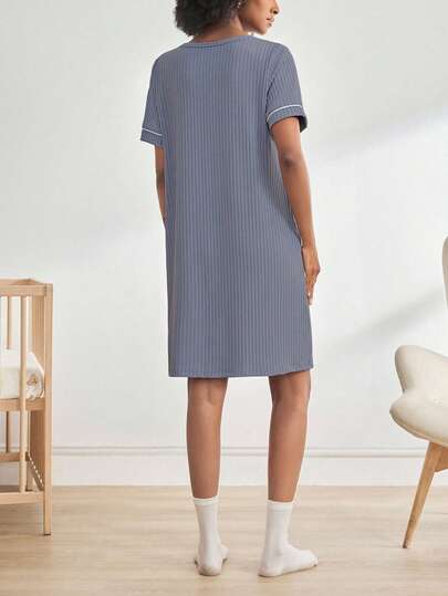 BloomMama Maternity Short Sleeve Ribbed Nursing Nightgown Button, Loungewear Sleepwear Pajama Dress Sleep Shirt view 2