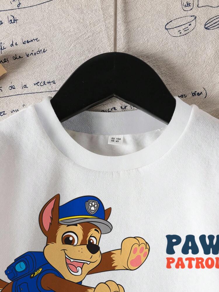 SHEIN | PAW Patrol 年轻男孩休闲时尚街头卡通字母印花撞色落肩宽松套头卫衣 - 白色 - 查看 3