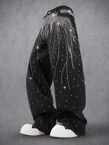 Manfinity Denimwave Fashionable Rhinestone Embellished Denim Wide Leg Pants, Unisex Streetwear Baggy Rhinestone Black Vacation Party Diamond Starlight Denim For Y2K - Black - View 3