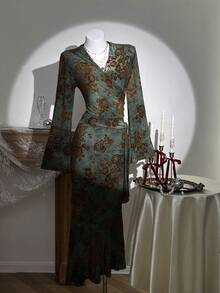 Elamini 女式植绒复古绿色喇叭长袖美人鱼连衣裙 - 軍綠色 - 查看 6