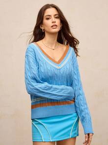 Activina Damski sweter sportowy do golfa i tenisa, z dekoltem w serek i kontrastowymi paskami, obniżonymi ramionami i luźnym splotem warkoczowym