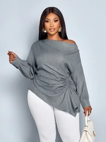 SOLERSUN 女式加大码秋冬纯色不对称领长袖侧抽绳褶饰时尚衬衫，不对称下摆蓝色梭织面料购物约会衬衫 - 灰色 - 查看 6