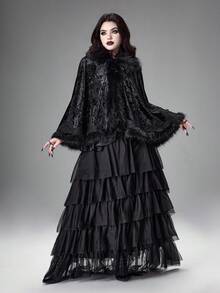 ROMWE Goth 复古宫廷拼布人造毛领钻石天鹅绒蕾丝边哥特式斗篷 - 黑色 - 查看 4