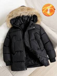 Unisex Mid-Long Hooded Winter Jacket With Printed Back, Detachable Hood, Pockets And Zipper, Polyester Outerwear Suitable For Daily Outings, Outdoor And Cold Snowy Weather In Winter - Black - View 1