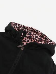 Unisex Baby Girl Reversible Leopard Print Black Hooded Zip-Up Long Sleeve Padded Coat, Thickened Autumn/Winter Coat, With Fake Pockets, Casual & Versatile - Multicolor - View 6