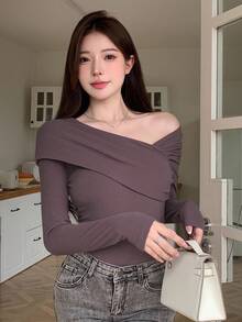 DAZY Camiseta de manga larga de unicolor con hombro asimétrico elegante para mujer, top de otoño - Morado - Ver 4