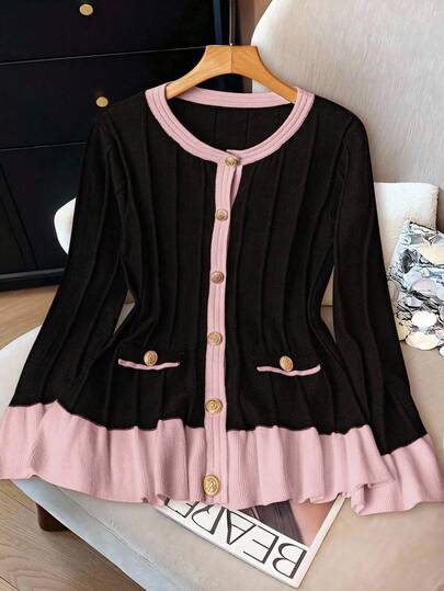 GlowEve CURVE 大码复古色块纽扣前长袖开衫