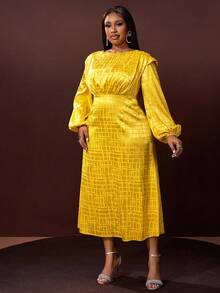 Veslaya 2025 Autumn/Winter New Plus Size Women's Dress, Elegant Fitted Textured Fabric Yellow Waist Dress, Suitable For Country Music Concerts, Weddings, Dates, Parties, Formal Events - Yellow - View 3