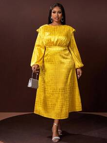 Veslaya 2025 Autumn/Winter New Plus Size Women's Dress, Elegant Fitted Textured Fabric Yellow Waist Dress, Suitable For Country Music Concerts, Weddings, Dates, Parties, Formal Events - Yellow - View 5