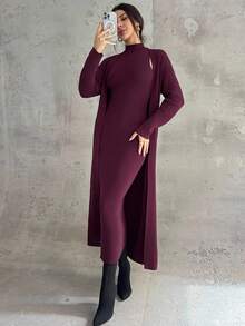 Firerie Women's Burgundy Vintage French Fitted Knit Dress And Cardigan Two Pieces Set, Dress And Cardigan Sweater Suit, Elegant Commuter Women's Outfit, Autumn/Winter Clothing, Graceful, Commuter,Cozy Fall And Winter Clothes For Women,New Year Clothes