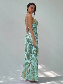 Aloruh 女式性感露背花卉亮片拼接细肩带连衣裙，度假风格 - 綠色 - 查看 5