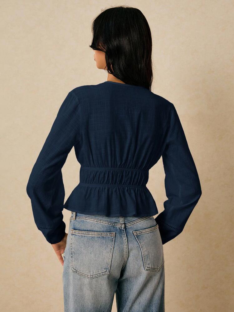 Poéselle Blusa de manga larga con cuello en V profundo y lazo al frente, elegante para oficina, de unicolor - Azul Marino - Añade 8