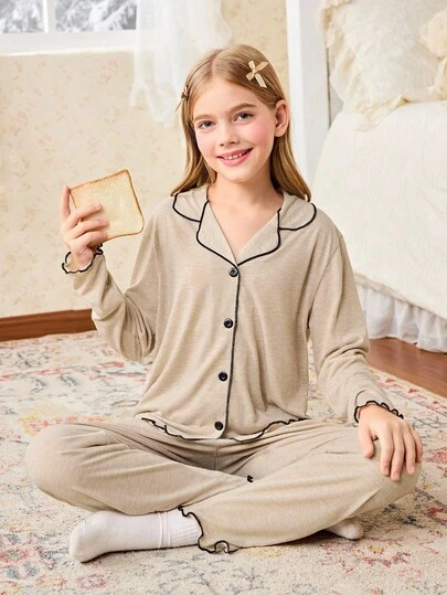 SHEIN Girls Oversized Loose Soft Drapey Lightweight Summer Knit Khaki Fabric Ruffle Trim Long Sleeve Top And Pants 2 Pieces Set, Casual And Comfortable For Outerwear