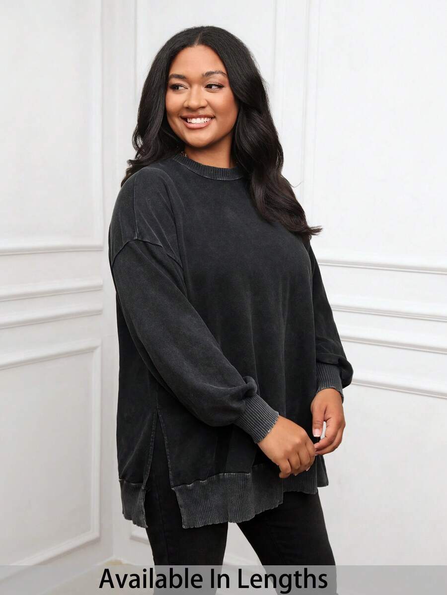 SHEIN PETITE CURVE Plus Size Solid Color Round Neck Casual Versatile Long Sleeve Sweatshirt Winter Clothes Women Rave Outfits Winter Clothes For Women Tops Hoodies Plus Size Sweatshirts Oversized Tops Full Length Tops Basic Tops