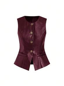 Ellevyn 女式秋季 PU 皮革黑色机车夹克背心 - 酒紅色 - 查看 6