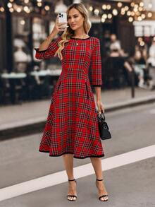 EMERY ROSE Váy midi kẻ caro cổ tròn tay 3/4 dành cho nữ - Đỏ - Xem 6