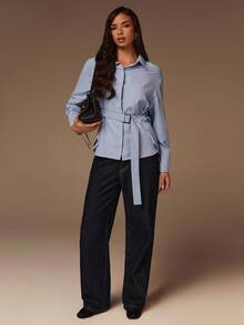 Athîral Women's Light Blue Pinstripe Structured Shirt | Crisp Textured Fabric, Relaxed Straight Fit, Classic Point Collar, Drop Shoulder Long Sleeves With Adjustable Tie-Cuff Detail, Waist Belt With Metallic Buckle & Hidden Metal Snap Closure, Streamlined Minimalist Style For Office, Daily Socializing & Capsule Wardrobe Essentials - Blue - View 3