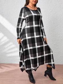 EMERY ROSE Plus Size Women Plaid Print Asymmetrical Hem Casual A-Line Long Sleeve Knit Dress - Black - View 6