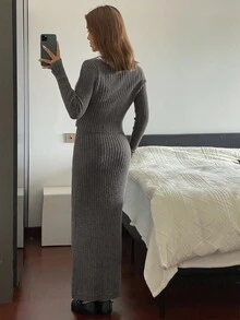 DAZY 2 件女式纯色修身吊带长裙和 V 领长袖亮片装饰开衫套装，休闲优雅厚针织毛衣套装，适合秋冬 - 灰色 - 查看 2