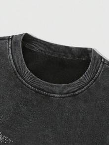 ROMWE MEN Street Life 男式字母与肖像图案圆领长袖套头衫 - 黑色 - 查看 3