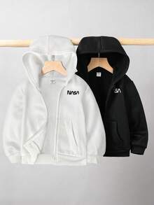 SHEIN 两件套，买一送一，儿童男童休闲运动衫，连帽运动衫套装，儿童长袖运动衫，男女童均可穿，返校服，基本款上衣，黑色上衣，男童返校服，外套 - 彩色 - 查看 2