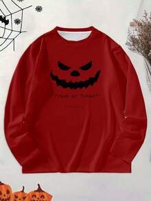 Manfinity Homme 男士万圣节标语图案长袖T恤，秋季 - 酒紅色 - 查看 3