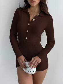 SHEIN Unity Bộ đồ liền thân dệt kim dài tay cài nút nửa thân đơn sắc dành cho nữ, mùa thu - màu nâu - Xem 7
