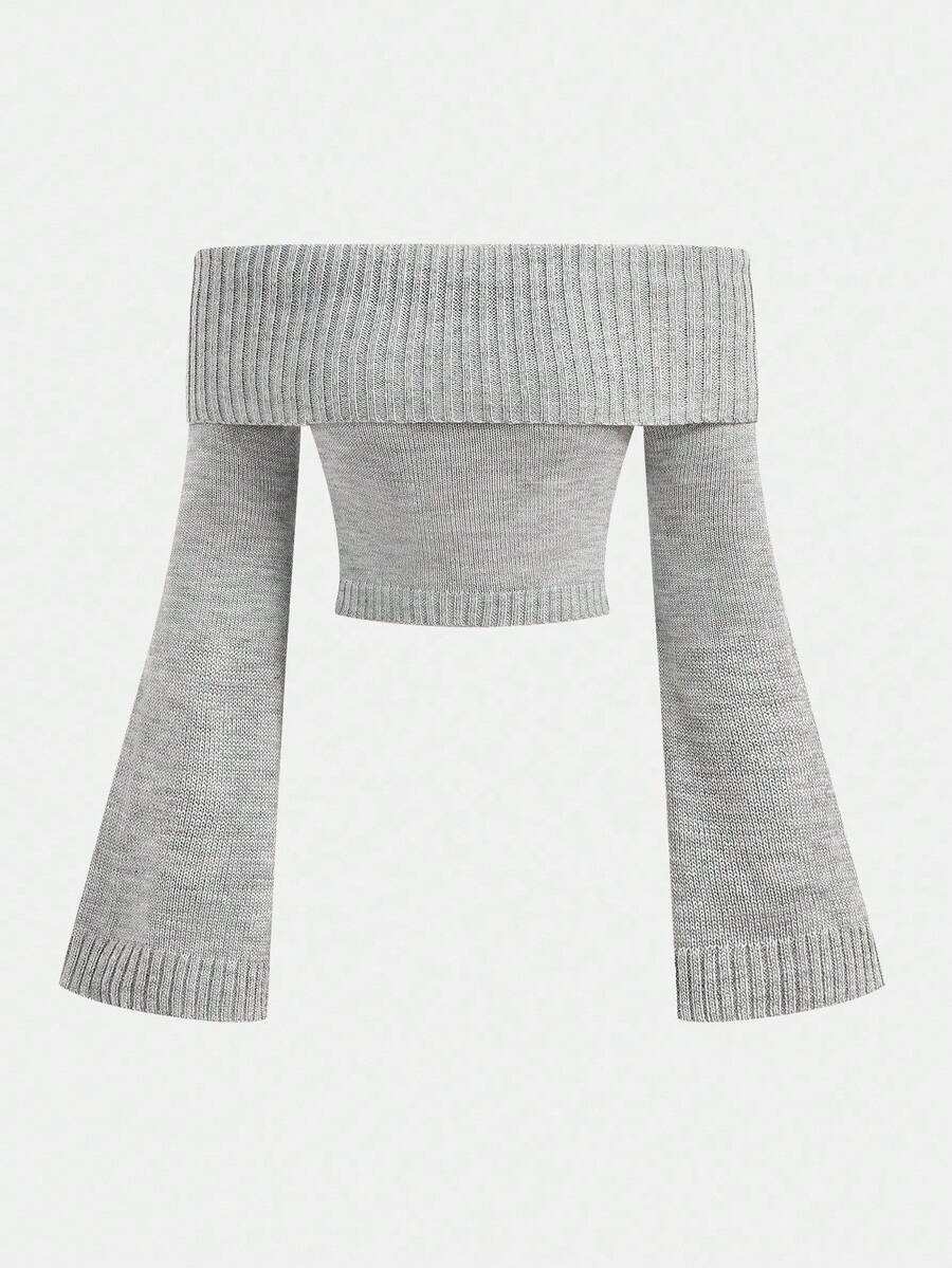 SHEIN Girlism 少女灰色露肩喇叭袖短款针织毛衣，秋冬