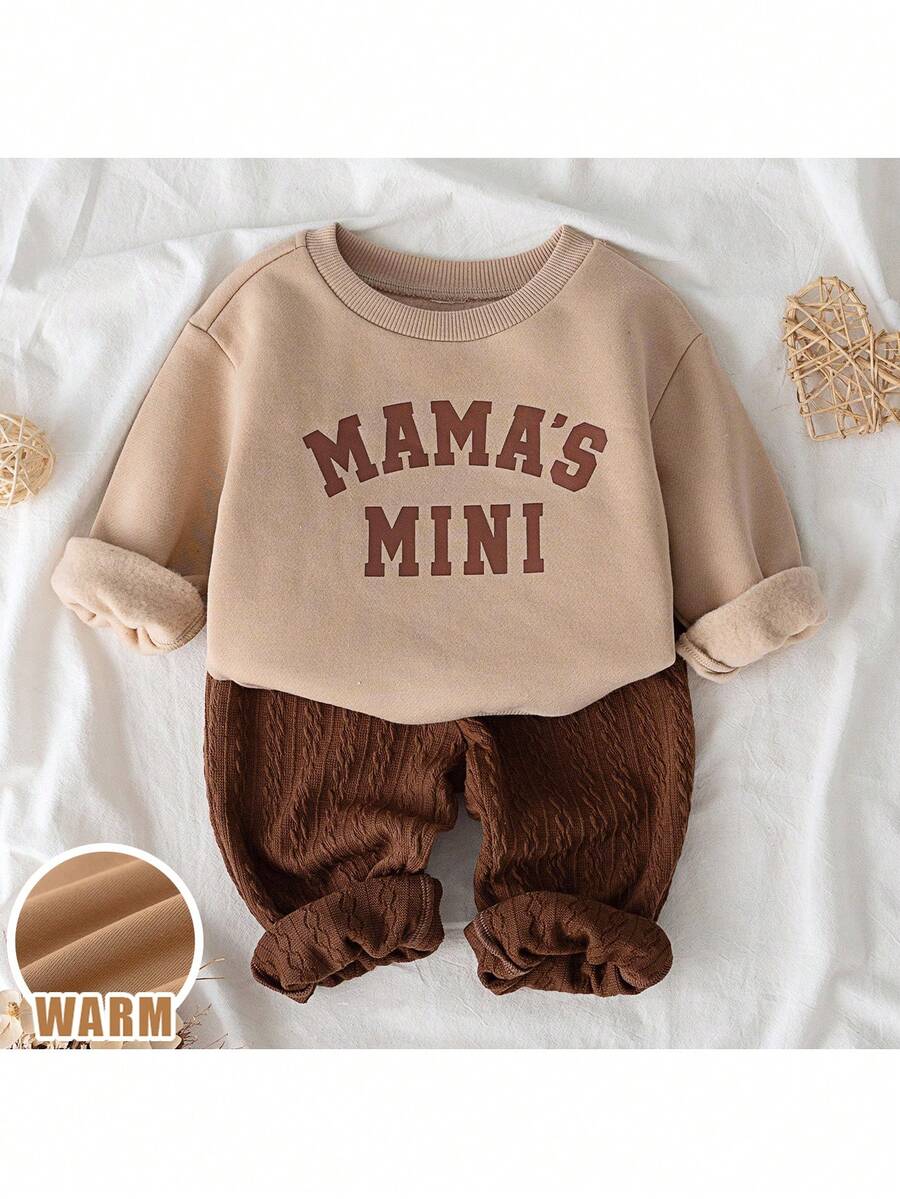 Loomiva 2pcs/Set Young Boy Letter Print Soft Knit Crew Neck Long Sleeve Hoodie And Elastic Waist Pants - Multicolor - View 1