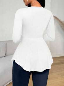 SHEIN Foxxy Slayr Solid Black Ruffle Hem Slim Fit Long Sleeve Women T-Shirt,Fall,Flared - White - View 2