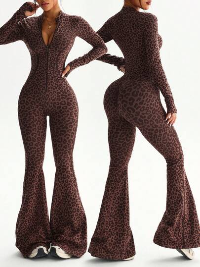Slayform 1pc Women's Seamless Sexy Leopard Print Mock Neck Front Zipper Thumb Hole High Waist Contour Sports Running Fitness Gymnastics Dance Long Sleeve Flared Jumpsuit Leopard Jumpsuit Flared Leggings Set Y2k Flare Jumpsuits For Woman Brown Body Suit Camouflage Harley Quin