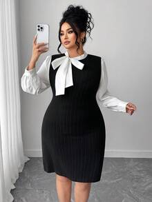 Elenzga Plus Size Patchwork Long Sleeve Ribbed Tie-Up Dress