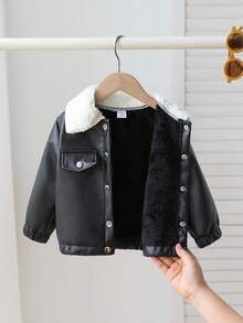 SHEIN Áo khoác lông giả cổ cho bé trai/bé gái, thời trang dạo phố thường ngày, phù hợp cho mùa thu/đông - màu đen - Xem 9