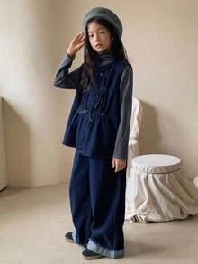 DAZY 女童时尚蝴蝶结牛仔背心和裤子套装 - 藍色 - 查看 7