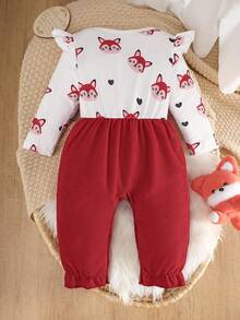 Baby Girl Cartoon Embroidery Round Neck Long Sleeve Ruffle Hem Cute Jumpsuit - Burgundy - View 2