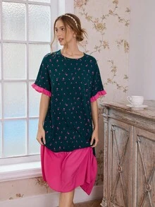 CottageSlumber Romantic Bubble Crinkle Print Color Block Women Long Nightgown - Multicolor - View 5