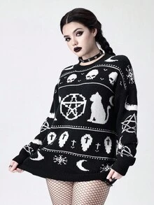 ROMWE Goth Suéter de malha com caveira gótica grande, gato preto, pentagrama, estilo punk, unissex, adequado para Halloween, outono/inverno - Preto - Ver 4