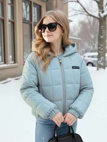 Tween Girls Casual All-Match Versatile Commuter Plaid Padded Collar Padded Coat, Autumn/Winter - Blue - View 2