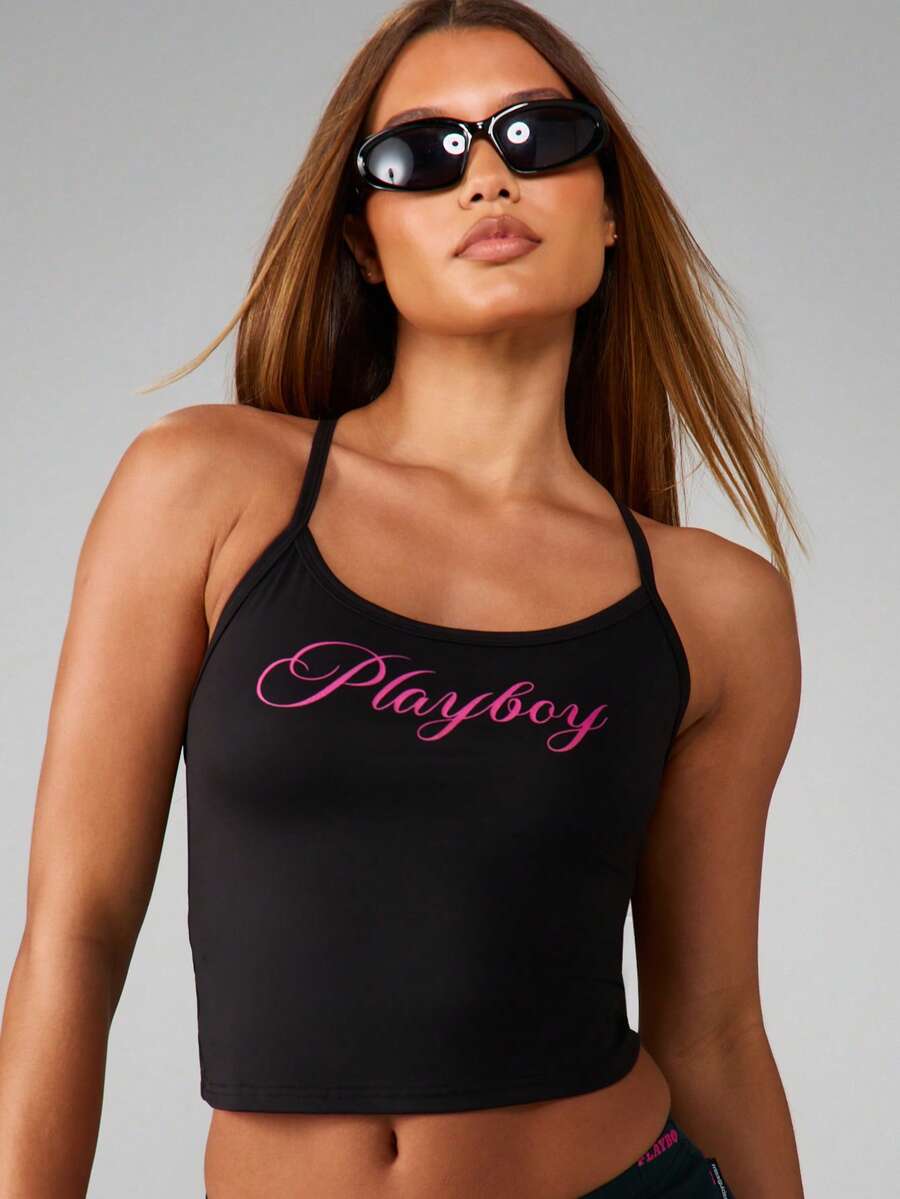 Missguided x Playboy Top retro clasic, crop, model sport, fără mâneci, crop top atletic, Y2K, festival, streetwear, vară, plajă, club, petrecere