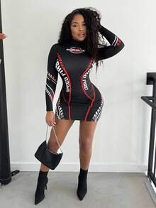 Alexandranx Color Block Letter Print Stand Collar Bodycon Dress - Black - View 6