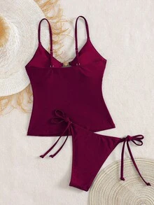 Swim Chiccia 女士海滩夏季音乐节细肩带金属饰品打结丁字裤成熟度假风格比基尼套装 - 酒紅色 - 查看 2