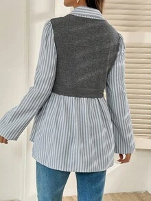 SHEIN Maternity Casual Patchwork Striped Lantern Sleeve Shirt, Autumn